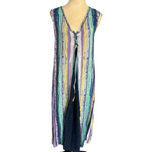 The Paragon Rayon Striped Maxi Dress M  Pleated Insert Beads V-neck Earth Toned